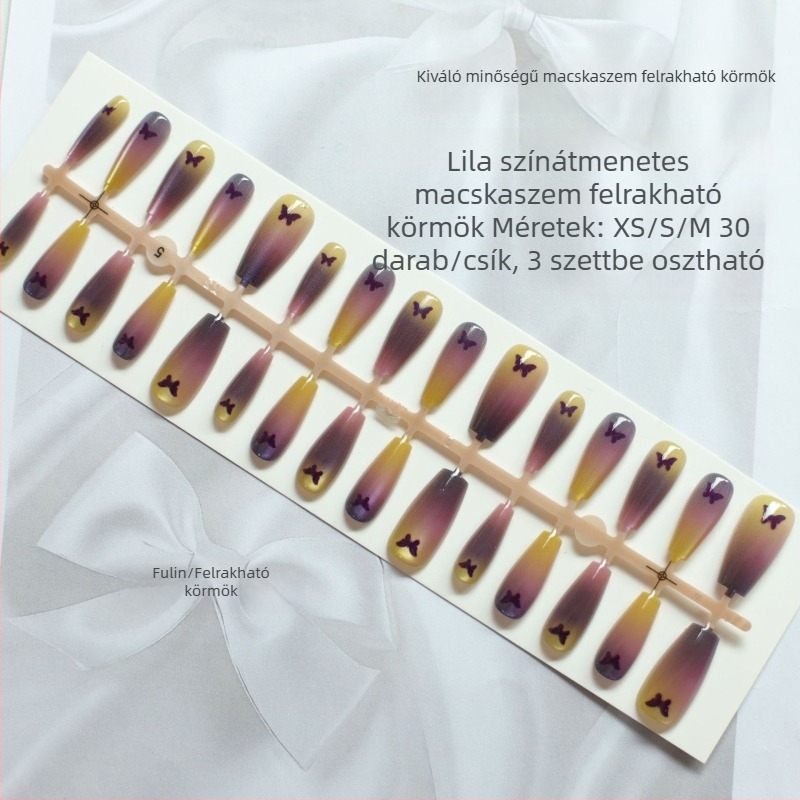 Lila átmenetes körmök pillangó és macskaszem mintával, 30 darabos készlet, aranyos és kifinomult