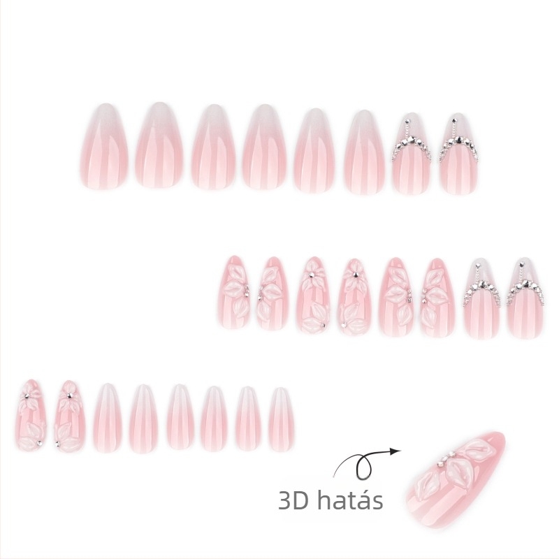 3D francia stílusú fehér gradienssel, rövid mandula alakú körmök virágos csillogással és világító hatással