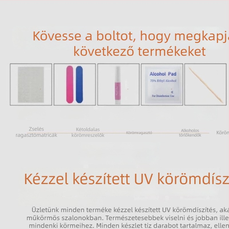 Rövid, kézzel festett köröm design tulipán virággal, clip-on, levehető, tükrös felülettel.