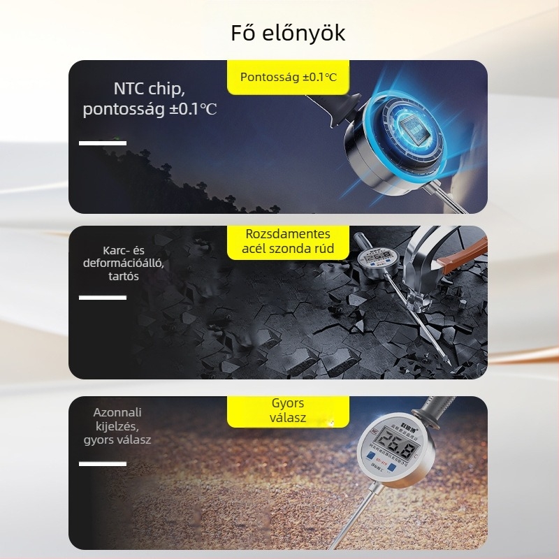 Kézi ipari magas hőmérsékletű hőmérő rozsdamentes acél szondával, digitális kijelző, bimetallikus érzékelő