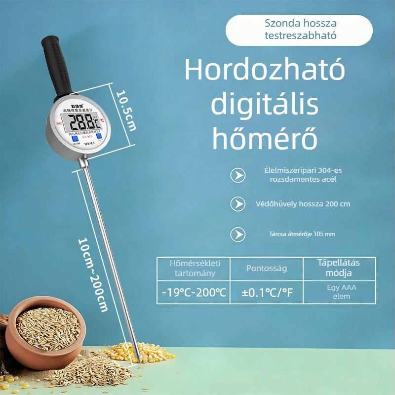 Kézi ipari magas hőmérsékletű hőmérő rozsdamentes acél szondával, digitális kijelző, bimetallikus érzékelő