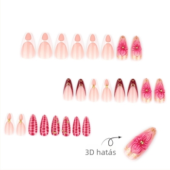 3D virágos francia stílusú rövid mandula alakú műköröm tippek, gradient csillogással