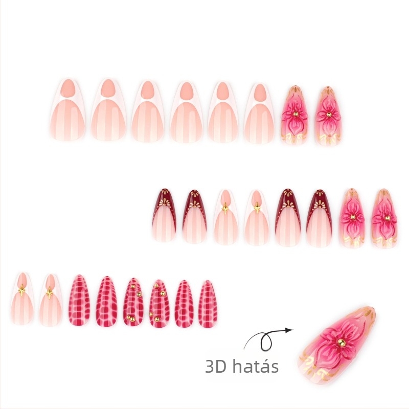 3D virágos francia stílusú rövid mandula alakú műköröm tippek, gradient csillogással