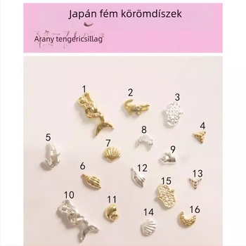 Körömdíszek japán fém üreges motívumokkal — sellő, kagyló, hold