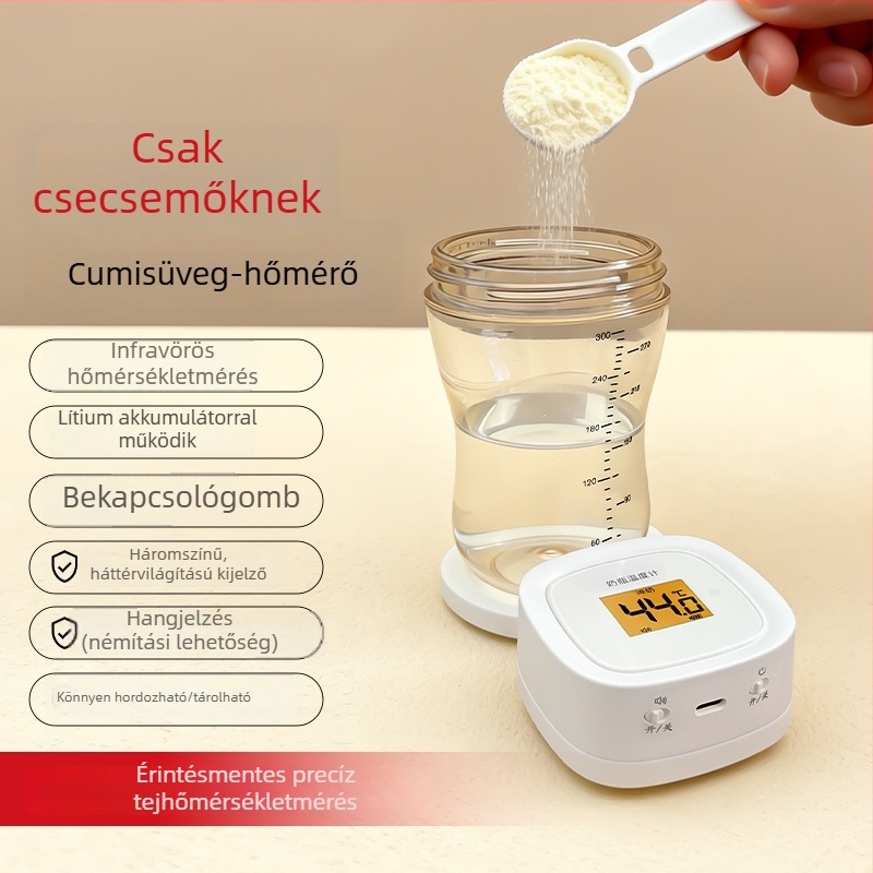 Újratölthető bébi hőmérő készlet: tápszertermometer, cumisüveg-hőmérő, víz- és élelmiszerhőmérő, tejtesztcsík