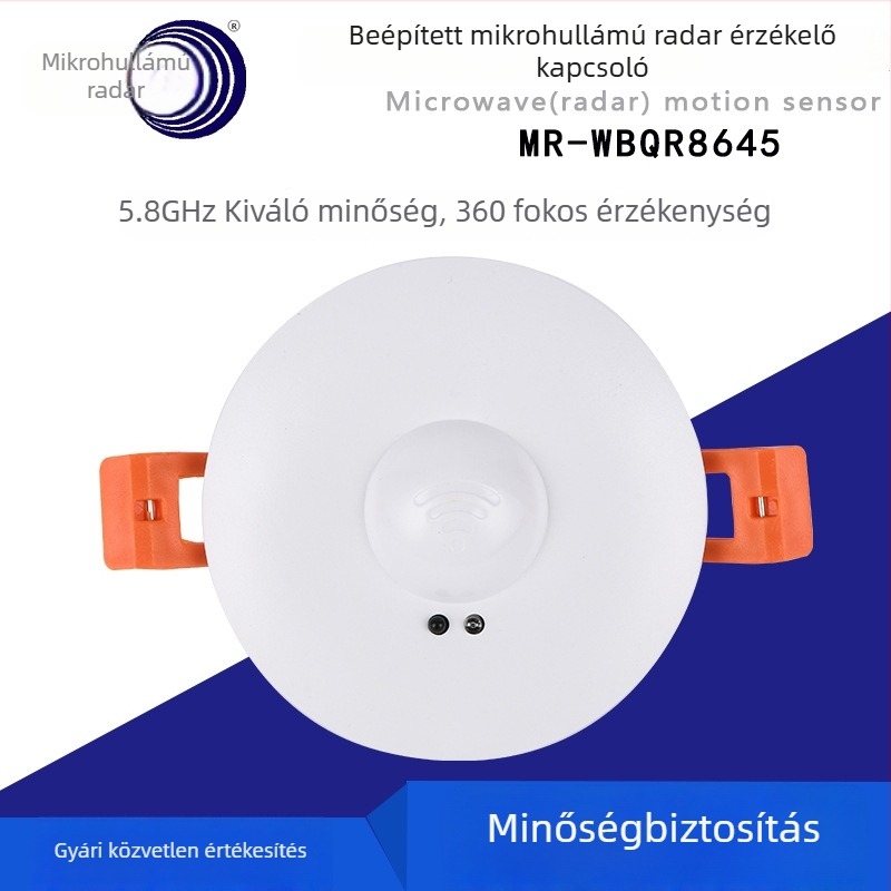 Mennyezeti mozgásérzékelő mikrohullámú radarral, 110–220V, állítható érzékelési tartomány 1–10 m, relé kimenet, állítható késleltetés
