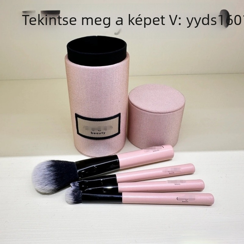 Rózsaszín sminkecset készlet, 4 darab: pirosító ecset, szemhéjfesték ecset, eyeliner ecset és korrektor ecset, hordozható