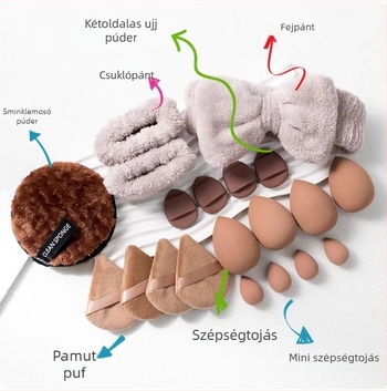 20 darabos sminkszivacs és púderpuff készlet smink eszközökkel, köztük háromszög alakú szivacsok
