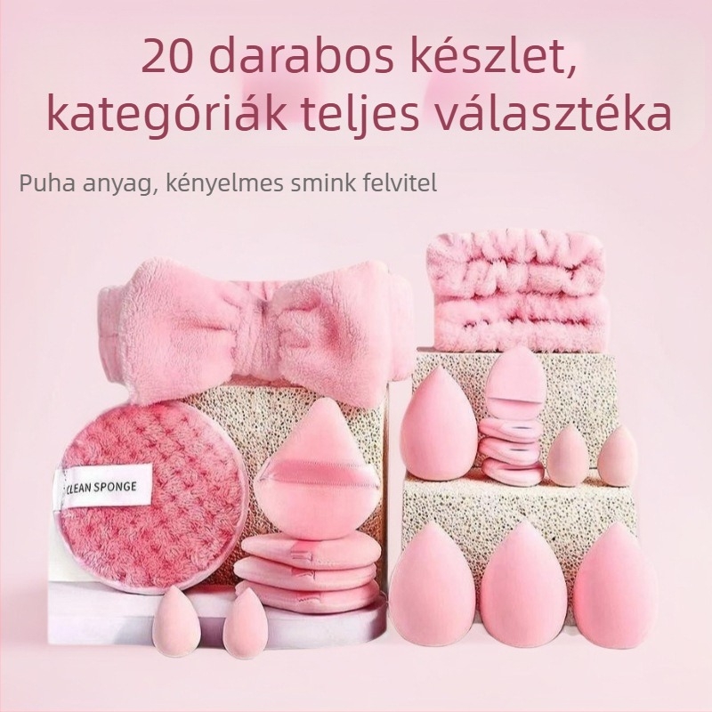 20 darabos sminkszivacs és púderpuff készlet smink eszközökkel, köztük háromszög alakú szivacsok