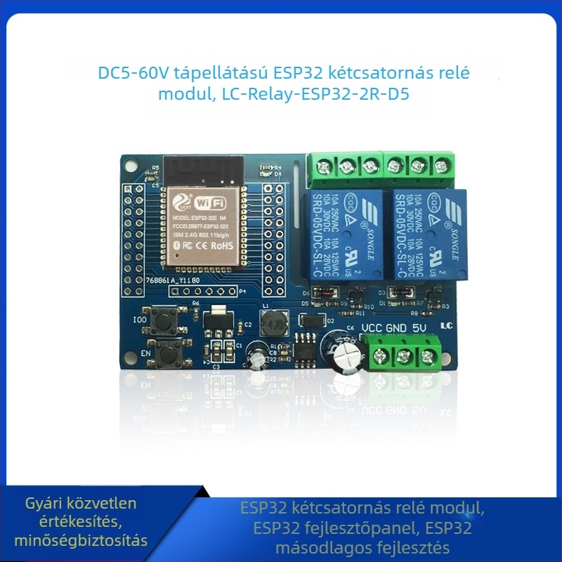 DC5-60V táplálású kettős Wi‑Fi relé modul ESP32‑WROOM fejlesztőpanellel a másodlagos fejlesztéshez