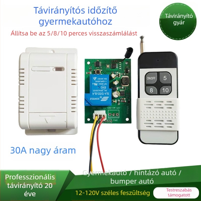 Távirányítós időzítő kapcsoló gyerekek elektromos járműveihez (12V–120V): be- és kikapcsolás időzítése