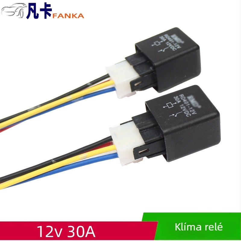 Autóklímás relé, négytűs, DC 12V, 30A, fekete ház RD401 alátéttel