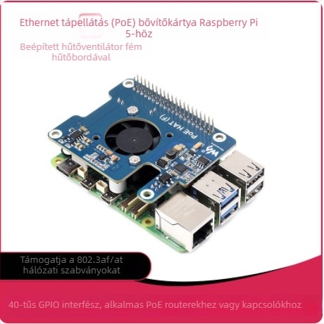 Raspberry Pi 5 PoE HAT bővítőlap beépített hűtőventilátorral