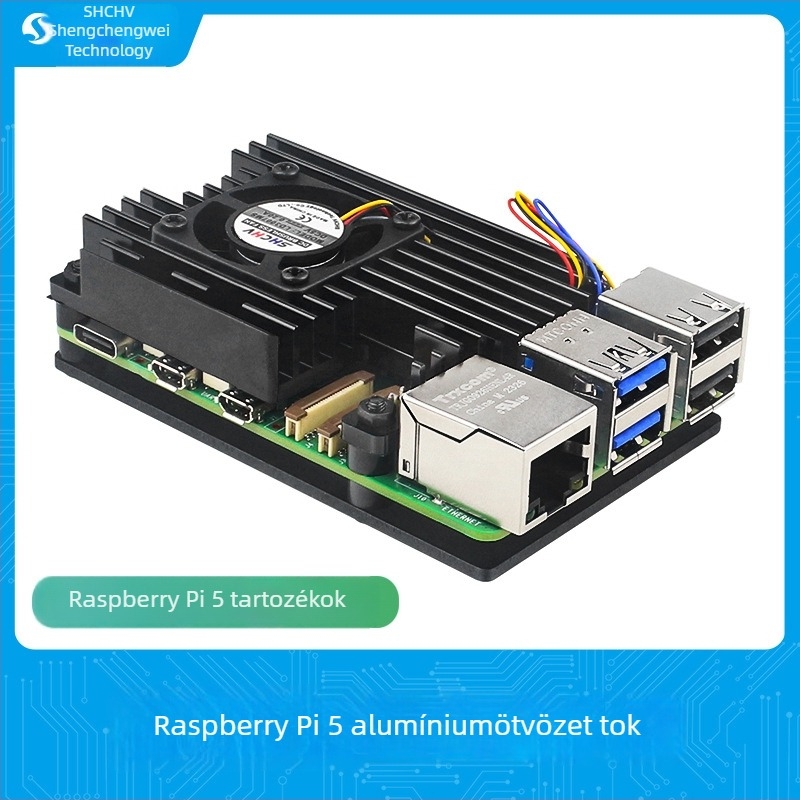 Raspberry Pi 5 alumínium ötvözetes ház PWM hőmérséklet-szabályozó ventilátorral