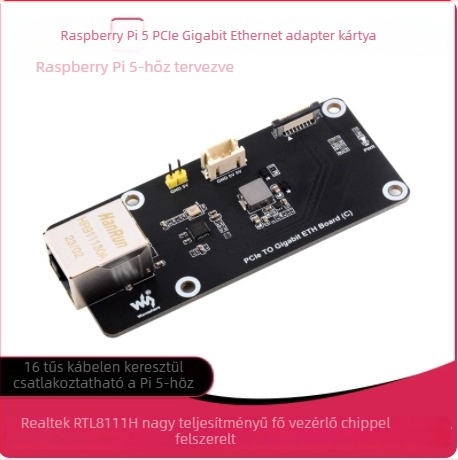 Raspberry Pi 5 PCIe Gigabit Ethernet adapterkártya – drivert nem igényel, Raspberry Pi OS kompatibilis, Plug-and-Play