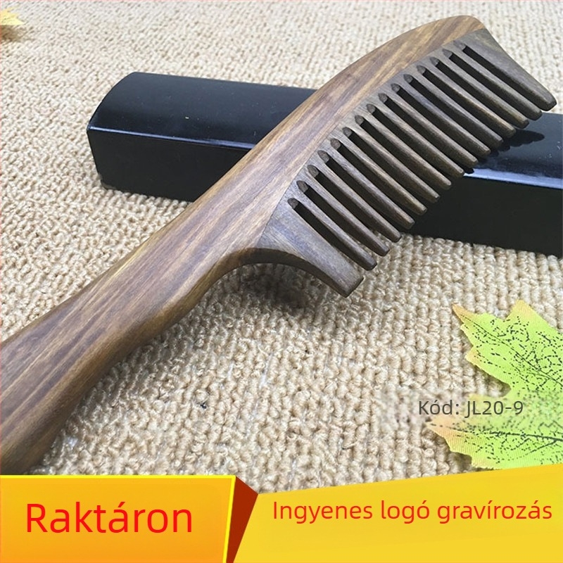 Nagy zöld szantálfa fésű összetett fogantyúval, széles fogakkal, hajformázáshoz és masszázshoz