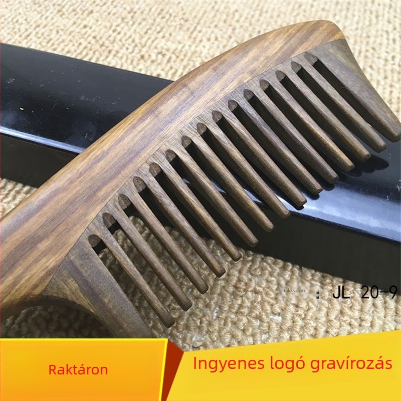Nagy zöld szantálfa fésű összetett fogantyúval, széles fogakkal, hajformázáshoz és masszázshoz