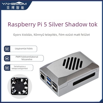 Raspberry Pi 5 tok, ABS védőház PWM hűtőventilátorral és állítható fordulatszámmal, műanyag utánzat alumíniumötvözet