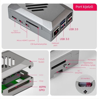 Raspberry Pi 5 tok, ABS védőház PWM hűtőventilátorral és állítható fordulatszámmal, műanyag utánzat alumíniumötvözet
