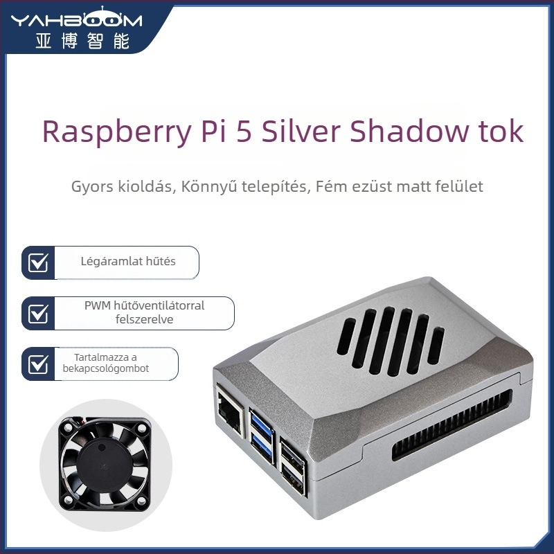 Raspberry Pi 5 tok, ABS védőház PWM hűtőventilátorral és állítható fordulatszámmal, műanyag utánzat alumíniumötvözet