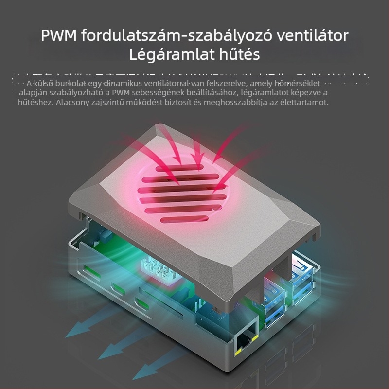 Raspberry Pi 5 tok, ABS védőház PWM hűtőventilátorral és állítható fordulatszámmal, műanyag utánzat alumíniumötvözet