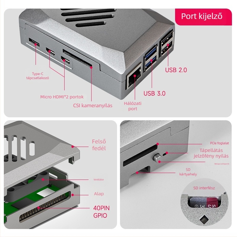 Raspberry Pi 5 tok, ABS védőház PWM hűtőventilátorral és állítható fordulatszámmal, műanyag utánzat alumíniumötvözet