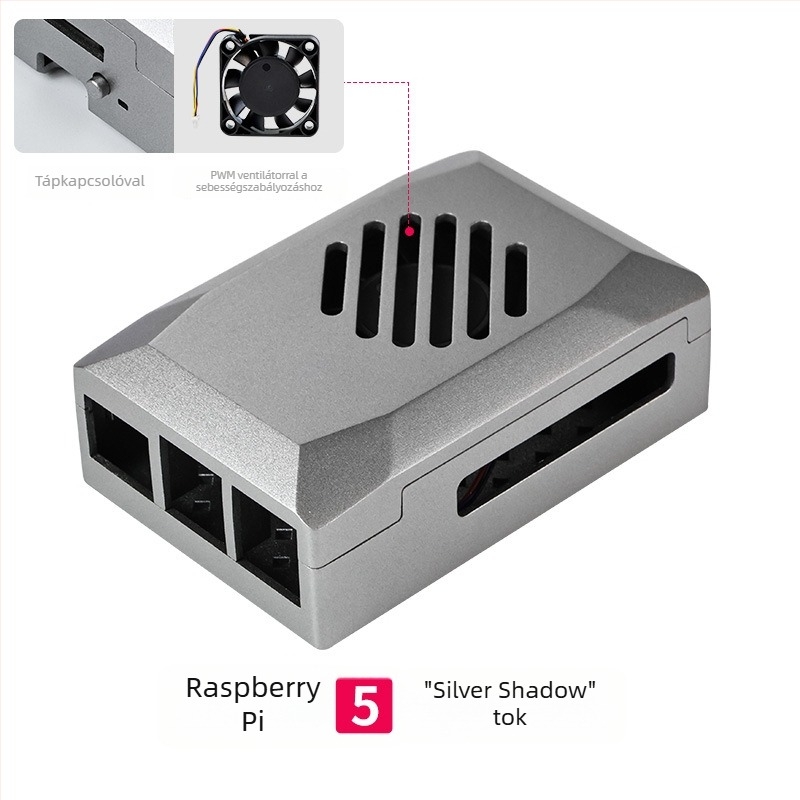 Raspberry Pi 5 tok, ABS védőház PWM hűtőventilátorral és állítható fordulatszámmal, műanyag utánzat alumíniumötvözet