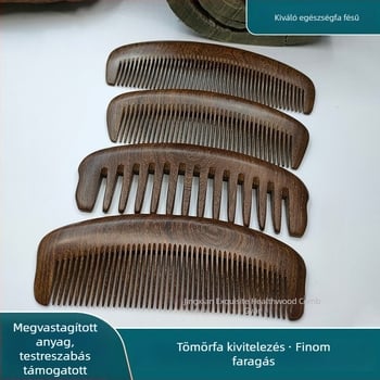 Fekete-arany szantálfa hajfésű hold formájú gravírozott logóval, hajmasszázs fésű, 15–20 cm hosszú