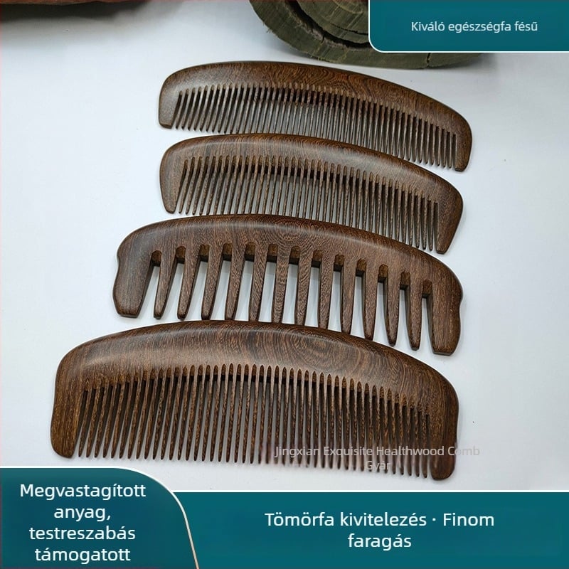 Fekete-arany szantálfa hajfésű hold formájú gravírozott logóval, hajmasszázs fésű, 15–20 cm hosszú