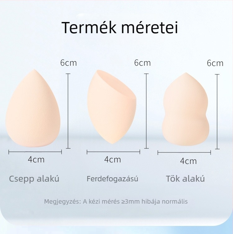 Dupla használatú sminkszivacs (nedves vagy száraz), puha és sima felülettel a tökéletes felvitelhez, nem hagy nyomot a púderrel, egyenként csomagolva OPP zacskóban.