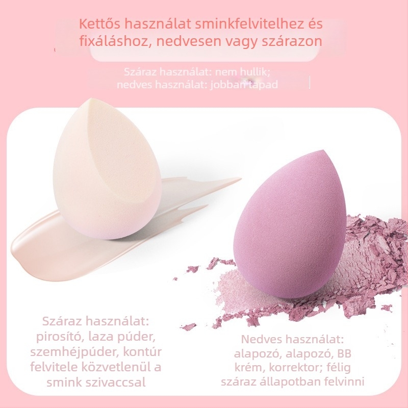 Dupla használatú sminkszivacs (nedves vagy száraz), puha és sima felülettel a tökéletes felvitelhez, nem hagy nyomot a púderrel, egyenként csomagolva OPP zacskóban.