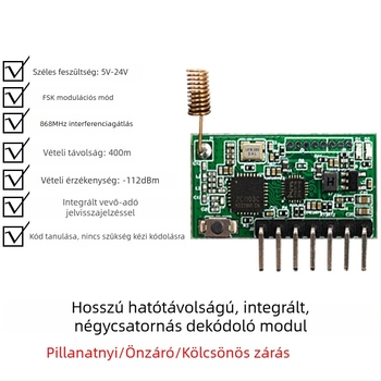 868 MHz-es vezeték nélküli vevő-átvivő modul beépített távirányítóval biztonsági rendszerekhez