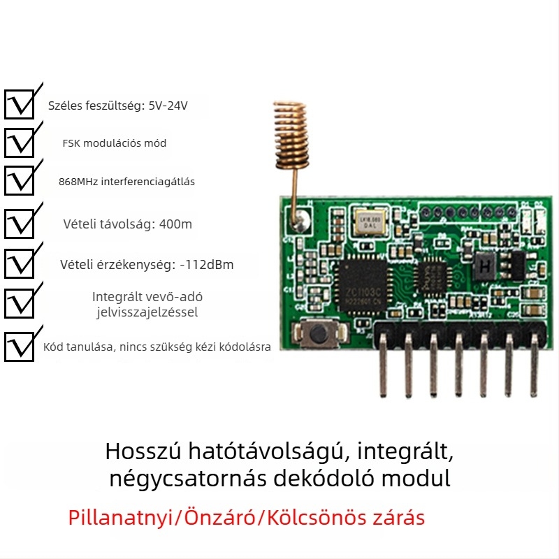 868 MHz-es vezeték nélküli vevő-átvivő modul beépített távirányítóval biztonsági rendszerekhez