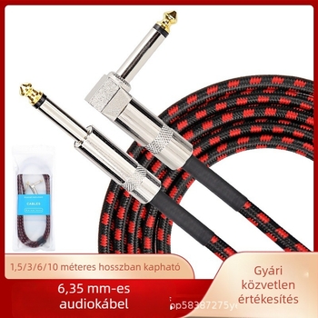 6,35 mm-es audio kábel, férfi–férfi, 90° derékszögű csatlakozóval, elektromos gitárhoz, basszushoz és billentyűhöz — árnyékolt, zajcsökkentő, nylon szálakkal fonott, rézmag