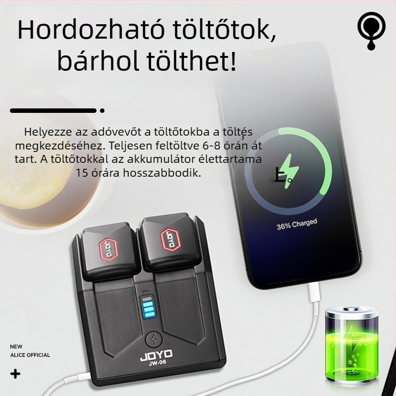 JOYO JW-06 Vezeték nélküli adó-vevő elektromos gitárhoz, hordozható töltőtokkal