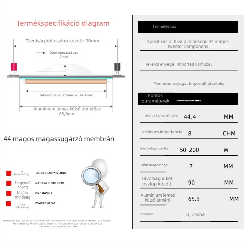 Magas frekvenciás hangszóró: hangtekercs körvezetékes és titán membránnal, átmérő 44,4 mm, 44‑magos hangszóró‑összeszerelés javító készlet