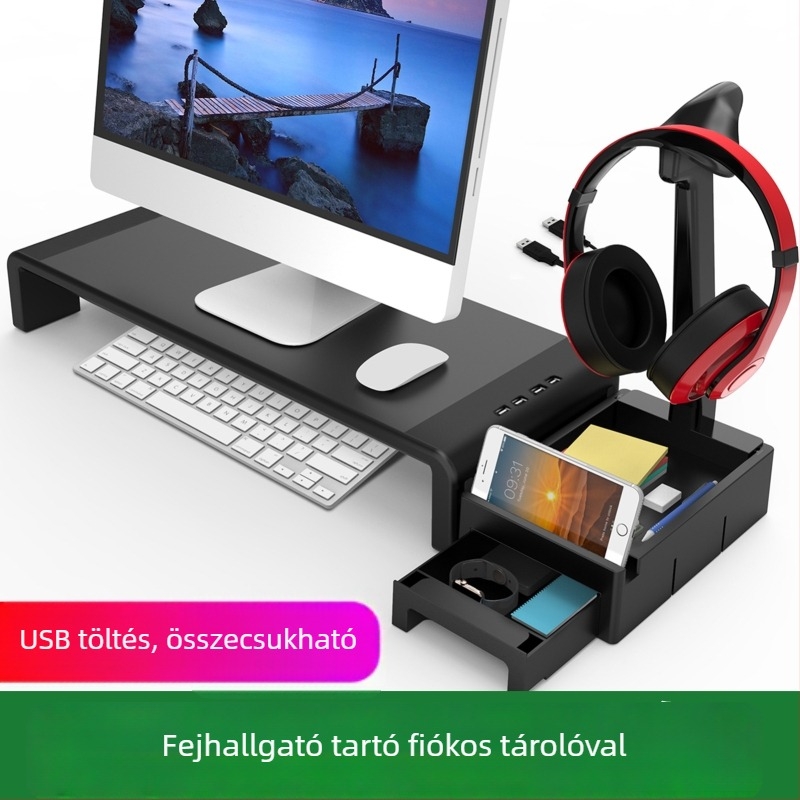 KM03 Összecsukható laptop- és monitorállvány USB töltéssel, műanyag asztali tároló