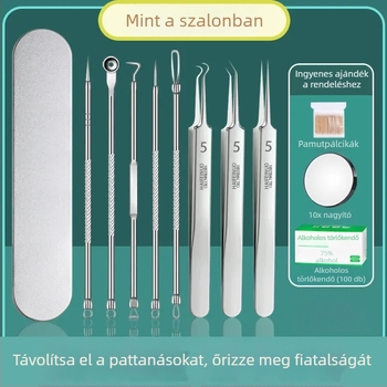 Rozsdamentes acélból készült pattanáseszköz-készlet: pattanás-tűk, tűklipszek, csipesz, feketefej eltávolító és kaparó