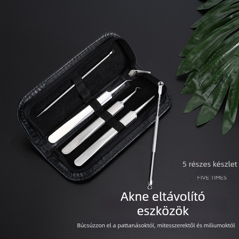 Rozsdamentes acélból készült öt részes elektroplattált szépségkészlet pattanások és mitesszerek kezelésére: tűk és csipesszek