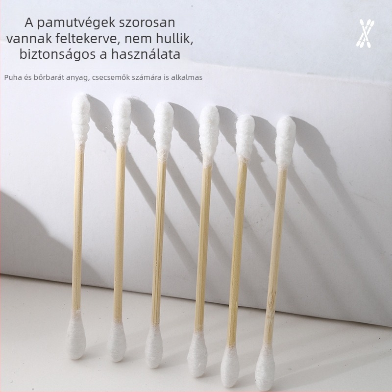Dobozos pamutpálcikák, fa pálcákkal, dupla véggel a fül tisztítására, sminklemosás és arctisztítás