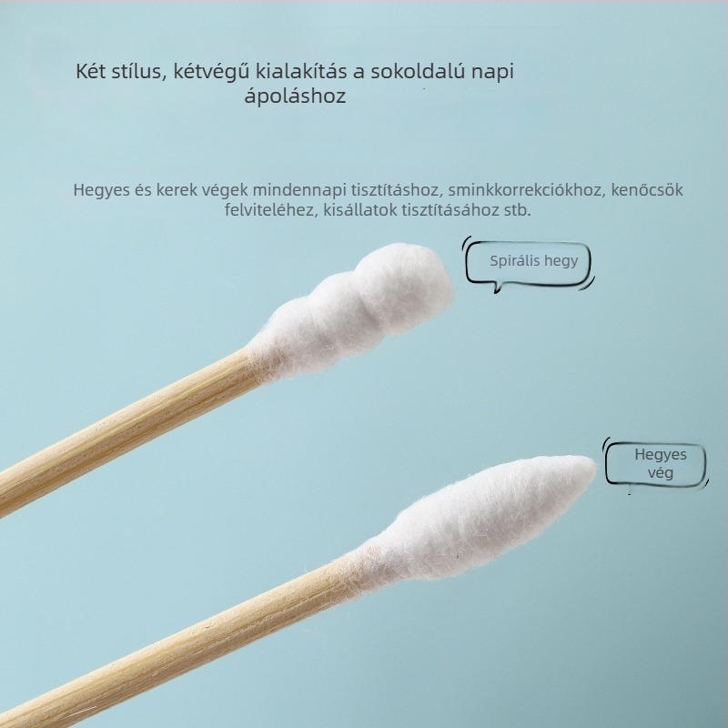Dobozos pamutpálcikák, fa pálcákkal, dupla véggel a fül tisztítására, sminklemosás és arctisztítás