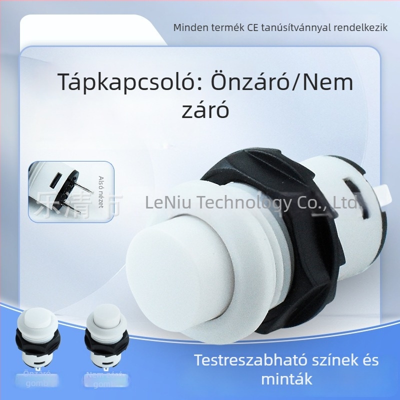 12 mm-es önzáró/zár nélküli gombkapcsoló DS-425, menetes, fehér, két pin, kisméretű kör alakú