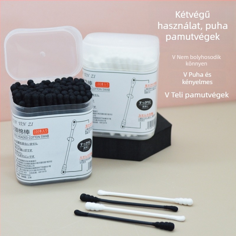 Fekete kétoldalas fültisztító pamutpálca, egyszer használatos, fülcsatornához és sminkhez