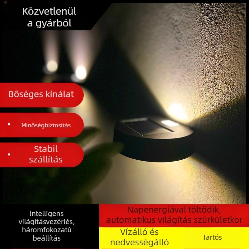 Napelemes kültéri falikar egyszerű dizájnnal kerthez és erkélyhez, falmosó hatású világítás, időjárásálló domború tükrös lámpa