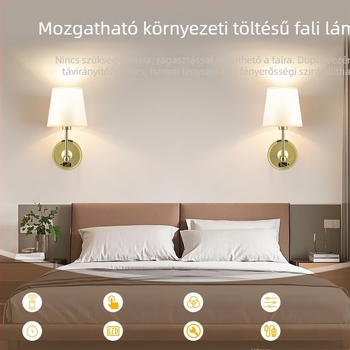 Leválasztható akkumulátoros falikar textil árnyékolóval, LED világítással, modern minimalist stílusú hálószobai éjjeli lámpa
