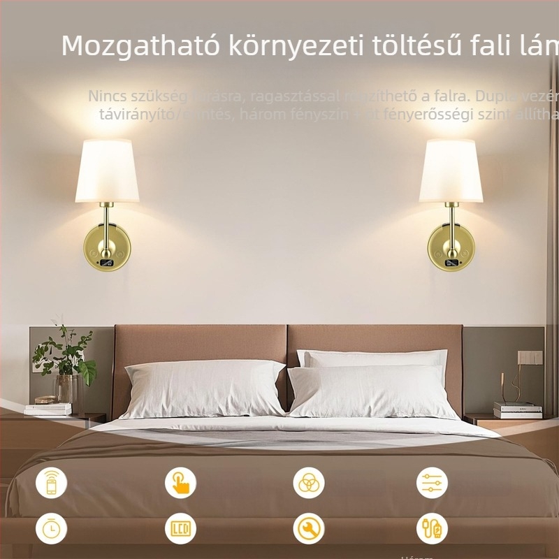 Leválasztható akkumulátoros falikar textil árnyékolóval, LED világítással, modern minimalist stílusú hálószobai éjjeli lámpa