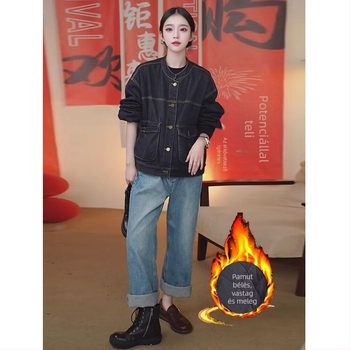 Női bélelt denim kabát - rövid fazon, téli meleg, vintage Hongkong-stílus