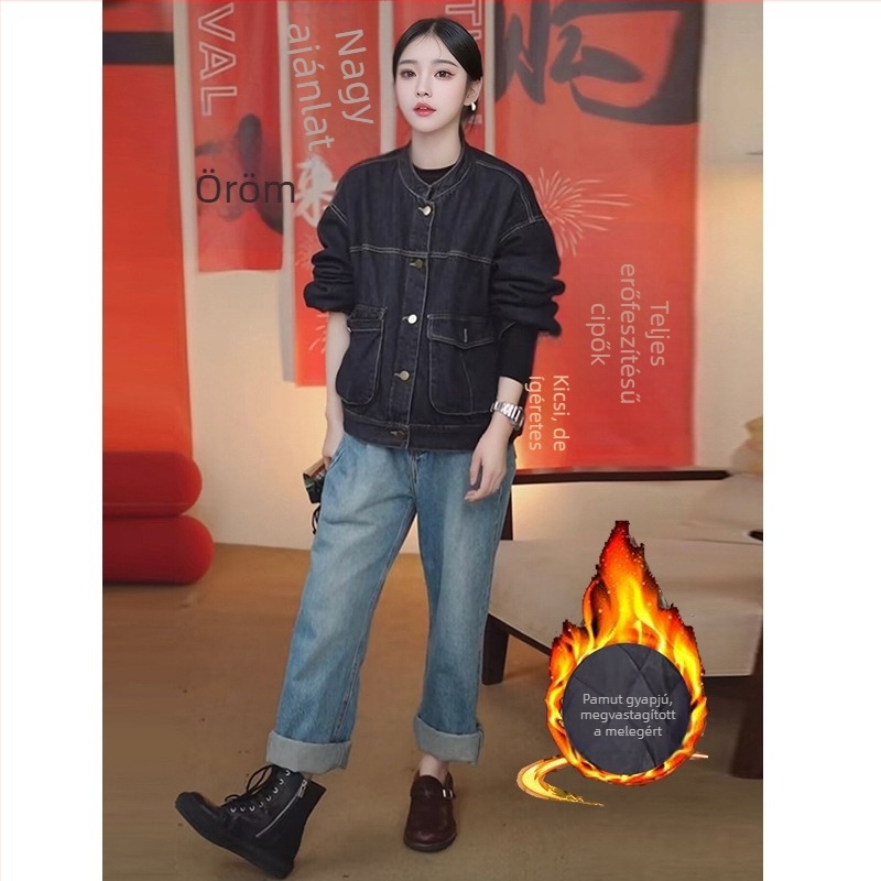 Női bélelt denim kabát - rövid fazon, téli meleg, vintage Hongkong-stílus