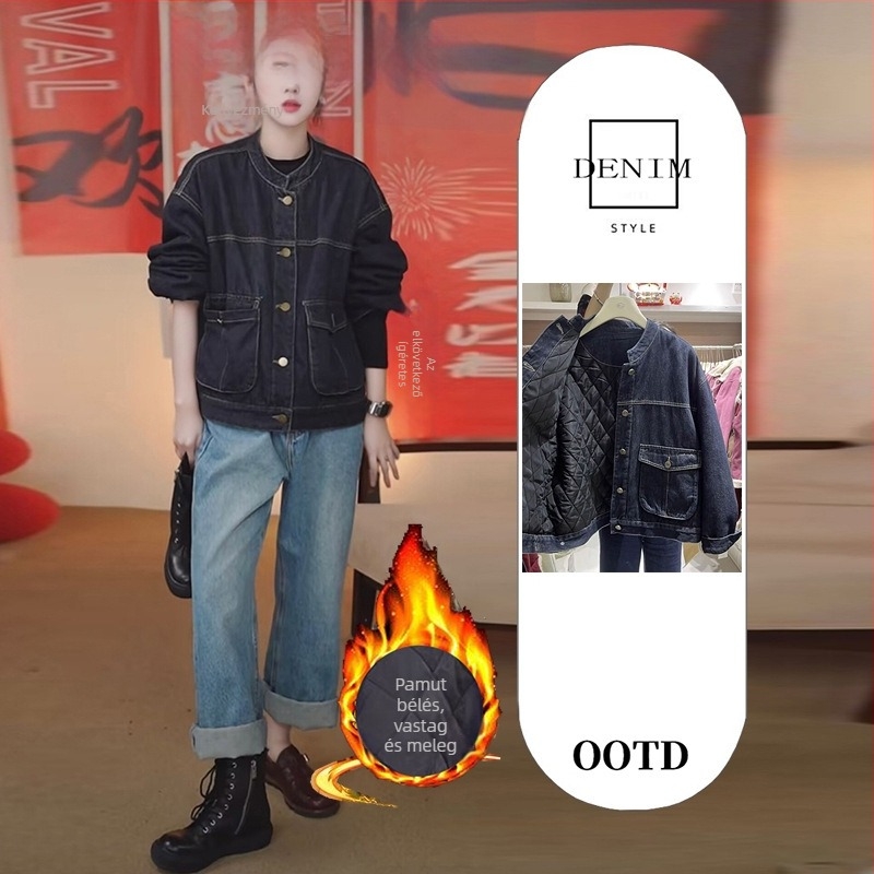 Női bélelt denim kabát - rövid fazon, téli meleg, vintage Hongkong-stílus