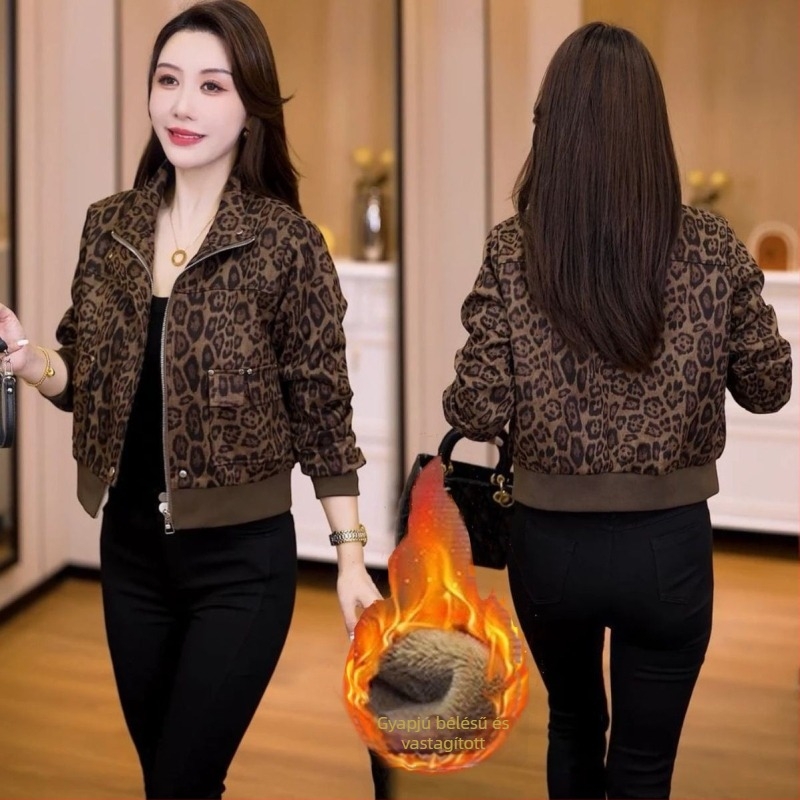 Női rövid dzseki leopard mintával, retro őszi stílus, sokoldalú felső